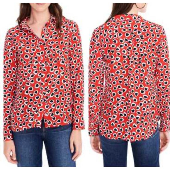 J. Crew Tops - J.Crew Collection Silk Blouse Sz 4 Heart Print‎ Boy Shirt Red Classic Top Party